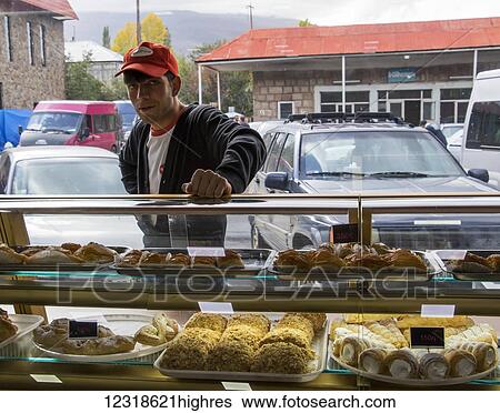 Stock Photograph - Pastries for sale at the Gntunik Bakery; Aparan, Aragatsotn Province, Armenia. Fotosearch
