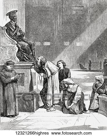 Stock Photograph - People kissing the feet of the statue of Saint Peter inside Saint Peter's Basilica, Vatican City, Rome in the late 19th century. From Italian Pictures by Rev. Samuel Manning, published c. 1890.. Fotosearch