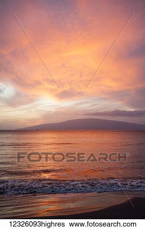 Pink, orange and yellow sunset, Lanai Isle in distance; Lahaina, Maui, Hawaii, United States of America View Large Photo Image Stock Photograph - Pink, orange and yellow sunset, Lanai Isle in distance; Lahaina, Maui, Hawaii, United States of America. Fotosearch