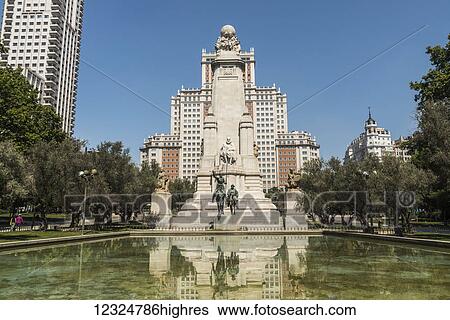 Stock Photograph - Plaza de Espana, Statue of Don Quixote and Miguel de Cervantes; Madrid, Spain. Fotosearch