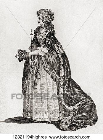 Stock Photograph - Queen Charlotte in her Coronation Robes. Charlotte of Mecklenburg-Strelitz, 1744 1818. Queen consort of the United Kingdom as the wife of King George III. From The Connoisseur Magazine, published 1902.. Fotosearch