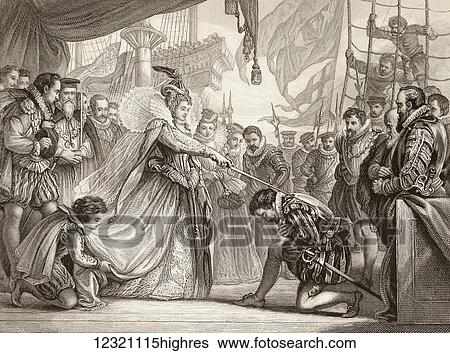 Queen Elizabeth knighting Sir Francis Drake on board the Golden Hind at Deptford, London, April 4th, 1581. Elizabeth I, 1533 to 1603. Queen regnant of England and Queen regnant of Ireland 1558 until her death. Sir Francis Drake, Vice Admiral, 1540... View Large Photo Image Stock Photograph - Queen Elizabeth knighting Sir Francis Drake on board the Golden Hind at Deptford, London, April 4th, 1581. Elizabeth I, 1533 to 1603. Queen regnant of England and Queen regnant of Ireland 1558 until her death. Sir Francis Drake, Vice Admiral, 1540.... Fotosearch