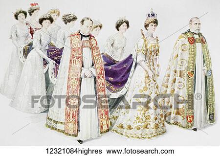 Stock Photograph - Queen Mary of Teck entering Westminster Abbey for her Coronation, accompanied by the Bishop of Peterborough, the Bishop of Oxford and attended by the Duchess of Devonshire, Mistress of the Robes, and trainbearers. Mary of Teck, Victoria Mary Augusta.... Fotosearch