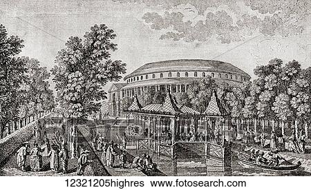 Stock Photograph - Ranelagh Gardens, Chelsea, London, England. The exterior of the Rotunda at Ranelagh Gardens, the Chinese House, and part of the grounds, after the engraving by Thomas Bowles, 1754. From The Story of England, published 1930.. Fotosearch