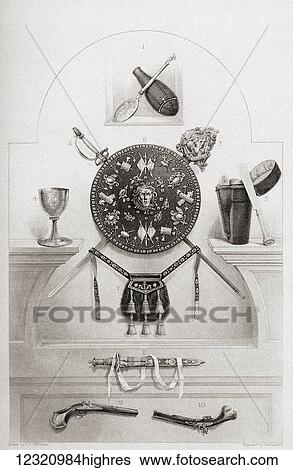 Relics of Prince Charles Edward, The Young Pretender. 1. Folding spoon and case. 2. Dress Sword. 3. Silver hilted Broadsword. 4. Silver Goblet. 5. Travelling Knife, Fork and Spoon. 6. Shield. 7. Sporran. 8. Dirk. 9, 10. Pistols. From English and... View Large Photo Image Stock Photograph - Relics of Prince Charles Edward, The Young Pretender. 1. Folding spoon and case. 2. Dress Sword. 3. Silver hilted Broadsword. 4. Silver Goblet. 5. Travelling Knife, Fork and Spoon. 6. Shield. 7. Sporran. 8. Dirk. 9, 10. Pistols. From English and.... Fotosearch
