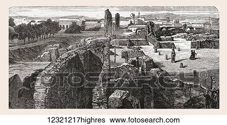 Stock Photograph - Remains of The Bibliotheca in the Palace of the Caesars, Palatine Hill, Rome, Italy in the late 19th century. From Italian Pictures by Rev. Samuel Manning, published c. 1890.. Fotosearch