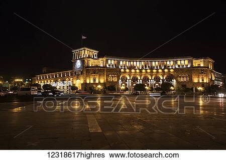 Stock Photograph - Republic Square at night; Yerevan, Armenia. Fotosearch
