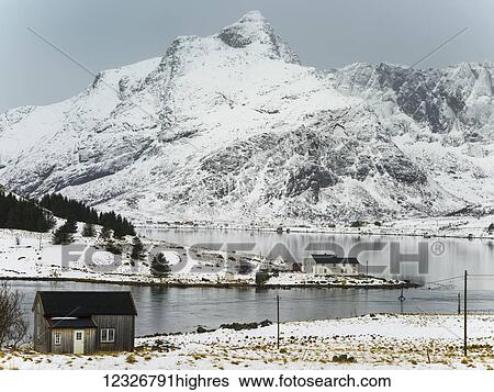 Rugged, peaked mountains covered with snow and tranquil water along the coastline; Lofoten Islands, Nordland, Norway View Large Photo Image Stock Photograph - Rugged, peaked mountains covered with snow and tranquil water along the coastline; Lofoten Islands, Nordland, Norway. Fotosearch