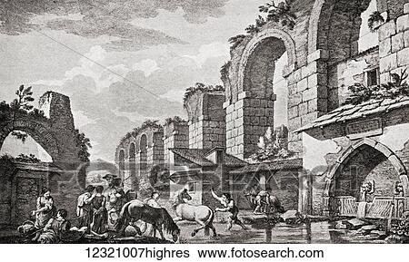 Stock Photograph - Ruins of the Aqueduct at Spalatro, after an 18th century illustration by Robert Adam, from the book The Connoisseur Illustrated published 1904.. Fotosearch