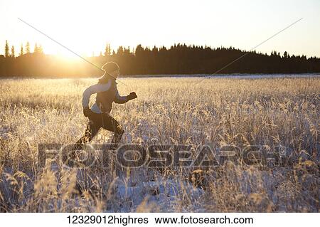 Running across a field with snow and long grasses in winter with the glow of the golden sunlight; Homer, Alaska, United States of America View Large Photo Image Stock Photograph - Running across a field with snow and long grasses in winter with the glow of the golden sunlight; Homer, Alaska, United States of America. Fotosearch