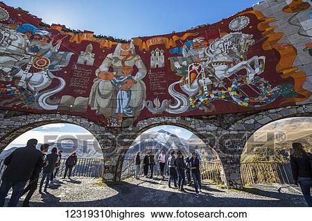 Stock Photograph - RussiaGeorgia Friendship Monument or Treaty of Georgievsk Monument, located by the Georgian Military Highway; Mtskheta-Mtianeti, Georgia. Fotosearch