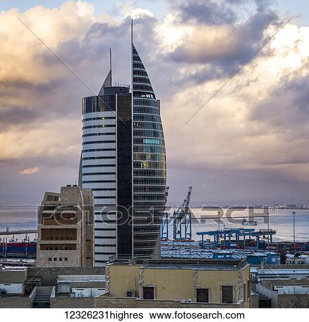 Stock Photograph - Sail Tower at the Port of Haifa; Haifa, Haifa District, Israel. Fotosearch