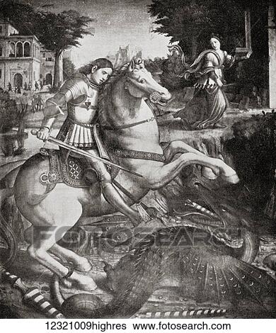 Stock Photograph - Saint George and the Dragon. Illustration from the book The Connoisseur Illustrated published 1904.. Fotosearch