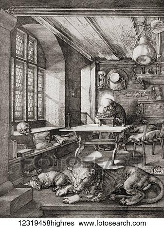 Stock Photograph - Saint Jerome in his Study, after the 1514 engraving by Albrecht Drer. From Bibby's Annual, published 1915. Fotosearch