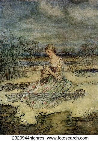 Stock Photograph - She sat down and plaited herself an overall of rushes and cap to match. From the book English Fairy Tales retold by F. A. Steel with illustrations by Arthur Rackham, published 1927.. Fotosearch