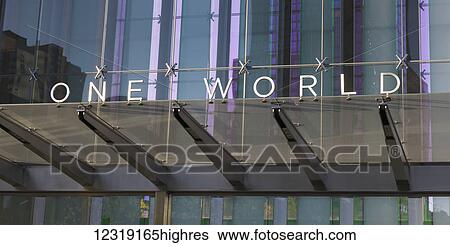 Stock Photograph - Sign for One World Trade Center; New York City, New York, United States of America. Fotosearch