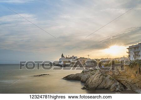 Stock Photograph - Sitges downtown and seaside view; Sitges, Barcelona province, Spain. Fotosearch