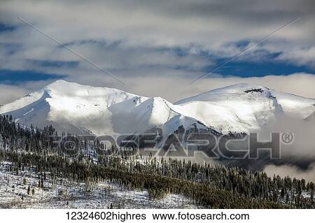 Stock Photograph - Snow covered mountain with frosted evergreen trees on hillside with clouds in the valley and blue sky; Radium Hot Springs, British Columbia, Canada. Fotosearch
