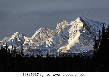 Snow covered mountains with early morning light, silhouetted forest in the foreground, blue sky and clouds; Kananaskis Country, Alberta, Canada View Large Photo Image Stock Photograph - Snow covered mountains with early morning light, silhouetted forest in the foreground, blue sky and clouds; Kananaskis Country, Alberta, Canada. Fotosearch
