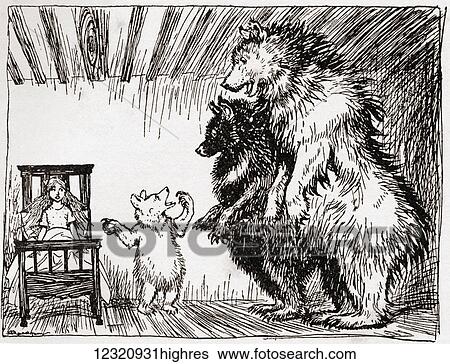 Stock Photograph - Somebody has been lying in my bed, and here she is. Illustration to Goldilocks and the three bears. From the book English Fairy Tales retold by F. A. Steel with illustrations by Arthur Rackham, published 1927.. Fotosearch