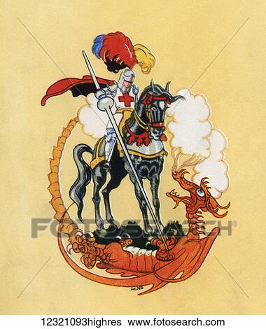 Stock Photograph - St. George and the Dragon, from The Golden Wonder Book published 1934.. Fotosearch