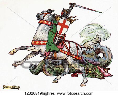 Stock Photograph - St. George and the Dragon. Illustration from the book Princess Marie-Jos's Children's Book published 1916.. Fotosearch