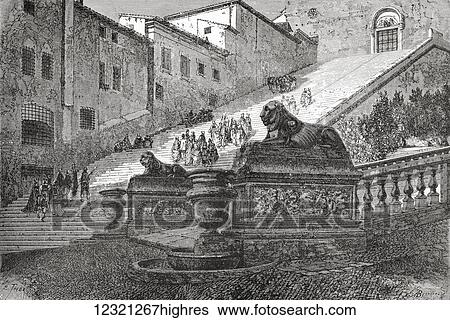 Stock Photograph - Staircase leading up to The Basilica of St. Mary of the Altar of Heaven, Rome, Italy in the late 19th century. From Italian Pictures by Rev. Samuel Manning, published c. 1890.. Fotosearch