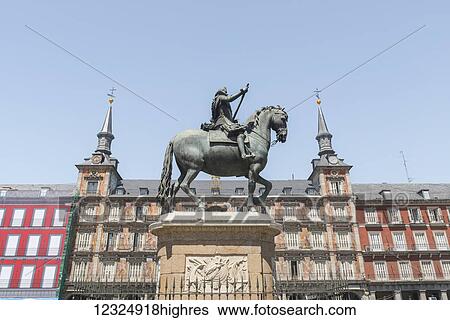 Stock Photograph - Statue of King Felipe III in Plaza Mayor; Madrid, Spain. Fotosearch
