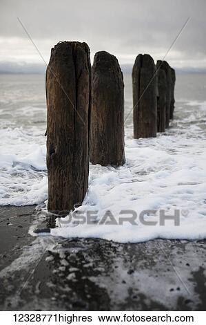 Stock Photograph - Surf rising against wooden tide posts in Kachemak Bay; Alaska, United States of America. Fotosearch