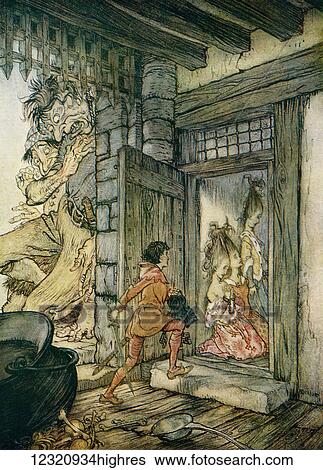 Stock Photograph - Taking the keys of the castle Jack unlocked all the doors. Illustration to Jack the Giant Killer from the book English Fairy Tales retold by F. A. Steel with illustrations by Arthur Rackham, published 1927.. Fotosearch