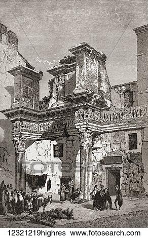 Stock Photograph - Temple of Minerva, Rome, Italy in the late 19th century. From Italian Pictures by Rev. Samuel Manning, published c. 1890.. Fotosearch