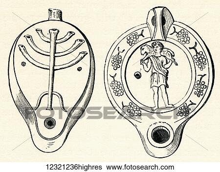 Stock Photograph - Terracotta lamps found in the Roman Catacombs, Rome, Italy. From Italian Pictures by Rev. Samuel Manning, published c. 1890.. Fotosearch