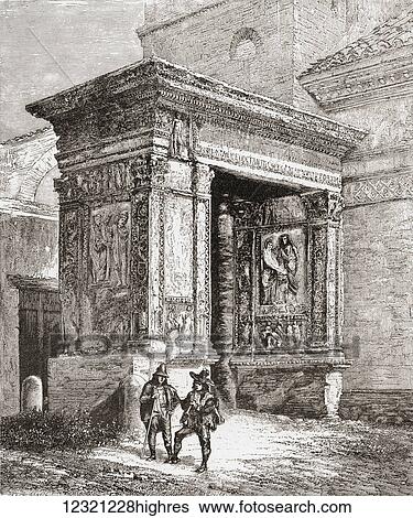 Stock Photograph - The Arcus Argentariorum, in the western wall of the church of San Giorgio al Velabro, Rome, Italy in the late 19th century. From Italian Pictures by Rev. Samuel Manning, published c. 1890.. Fotosearch