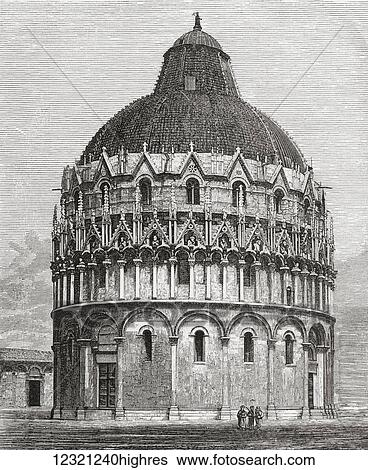 Stock Photograph - The Baptistry of St. John, Pisa, Italy in the late 19th century. From Italian Pictures by Rev. Samuel Manning, published c. 1890.. Fotosearch