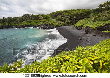 Stock Photograph - The black sand beach at Waianapanapa State Park; Hana, Maui, Hawaii, United States of America. Fotosearch