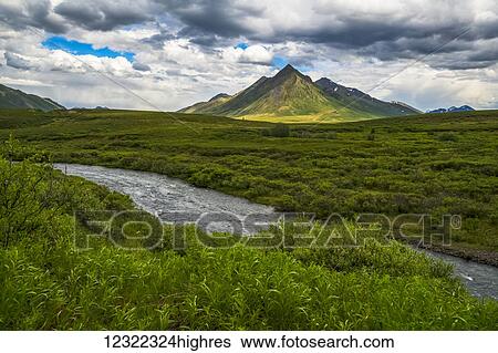 Stock Photograph - The Blackstone River flows in front of Angelcomb Peak in summertime along the Dempster Highway; Yukon, Canada. Fotosearch