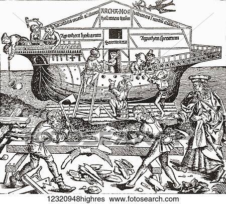 Stock Photograph - The Building of the Ark Superintended by Noah. Facsimilie of the woodcut by Schedel, Liber Chronicarum, 1493. From the book The Connoisseur Illustrated published 1903.. Fotosearch