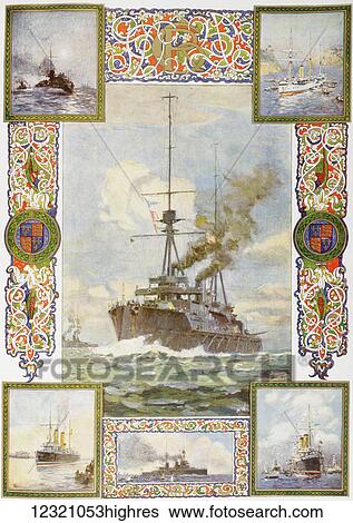 Stock Photograph - The Coronation Year Super Dreadnought Neptune and vessels King George V has commanded. From top left clockwise, Torpedo Boat No. 79, Gun Boat Thrush, The Cruiser Crescent, Battle Cruiser Indomitable and The Cruiser Melampus. From The Illustrated.... Fotosearch