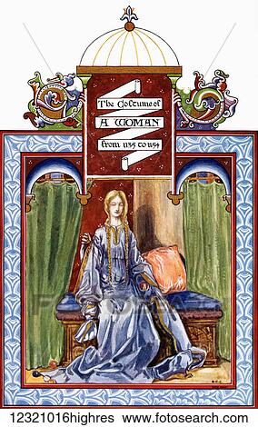 Stock Photograph - The costume of a woman from 1135 to 1154. Illustration from the book The Connoisseur Illustrated published 1904.. Fotosearch