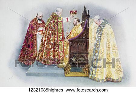 The crowning of the king by the Archbishop of Canterbury and attended by The Dean of Westminster and the Bishop of Bath and Wells. George V, George Frederick Ernest Albert, 1865 to 1936. King of the United Kingdom and the British Dominions, and... View Large Photo Image Stock Photograph - The crowning of the king by the Archbishop of Canterbury and attended by The Dean of Westminster and the Bishop of Bath and Wells. George V, George Frederick Ernest Albert, 1865 to 1936. King of the United Kingdom and the British Dominions, and.... Fotosearch
