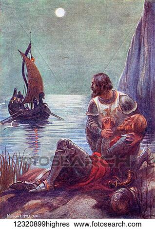 Stock Photograph - The Death of King Arthur. Coloured illustration from the book The Gateway to Tennyson published 1910.. Fotosearch
