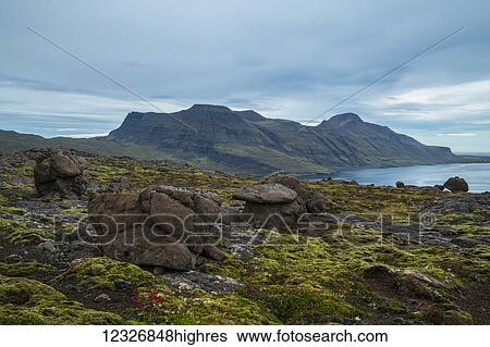 Stock Photograph - The dramatic landscape of the Strandir Coast; Djupavik, Westfjords, Iceland. Fotosearch