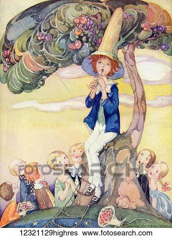 Stock Photograph - The Dream Piper frontispiece illustration from The Golden Wonder Book published 1934. The piper of dreams draws all the children to his side and his music tells them of enchanted lands where magic fills the air.. Fotosearch