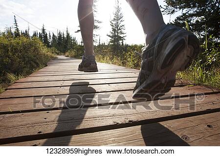 Stock Photograph - The feet of a runner over a wooden boardwalk through a forest; Homer, Alaska, United States of America. Fotosearch
