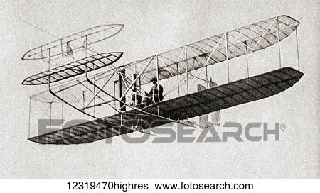 Stock Photograph - The first controlled, powered and sustained heavier-than-air human flight, on December 17, 1903, four miles south of Kitty Hawk, 0rth Carolina by the Wright Brothers. From The Pageant of the Century, published 1934.. Fotosearch