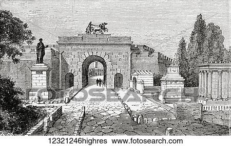 Stock Photograph - The Gate of Herculaneum and the street of Tombs, Pompeii, Naples, Italy in the late 19th century. From Italian Pictures by Rev. Samuel Manning, published c. 1890.. Fotosearch