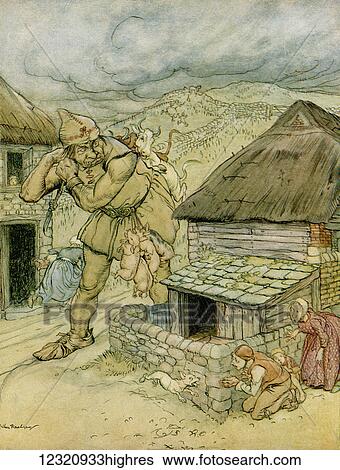 Stock Photograph - The Giant Cormoran was the terror of all the countryside. Illustration to Jack the Giant Killer from the book English Fairy Tales retold by F. A. Steel with illustrations by Arthur Rackham, published 1927.. Fotosearch