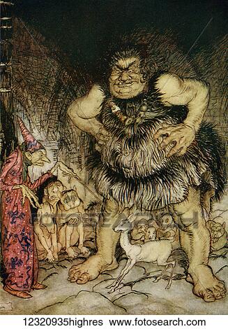 Stock Photograph - The giant Galligantua and the wicked old magician transform the duke's daughter into a white hind. Illustration to Jack the Giant Killer from the book English Fairy Tales retold by F. A. Steel with illustrations by Arthur Rackham, published 1927.. Fotosearch
