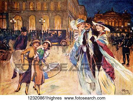 Stock Photograph - The Heart of Fashionable Paris. Colour illustration from the book France by Gordon Home published 1918. Fotosearch