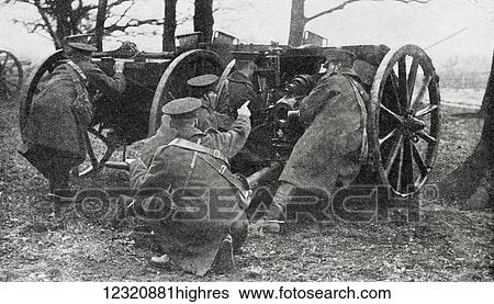 Stock Photograph - The Honourable Artillery Company at gun practice in Richmond Park. From the magazine Twenty Years After The Battlefields of 1914-1918 Then and Now by Sir Ernest Swinton published 1938.. Fotosearch